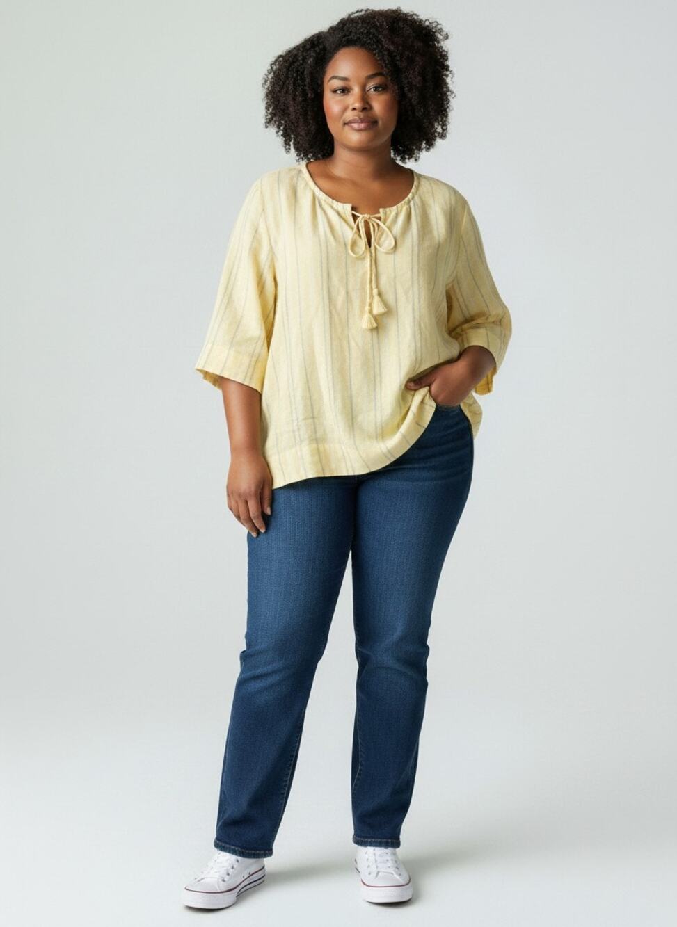Universal Thread XL Butter Yellow Stripe Tassel Tie Bell Sleeve Top NWT - Picture 1 of 15